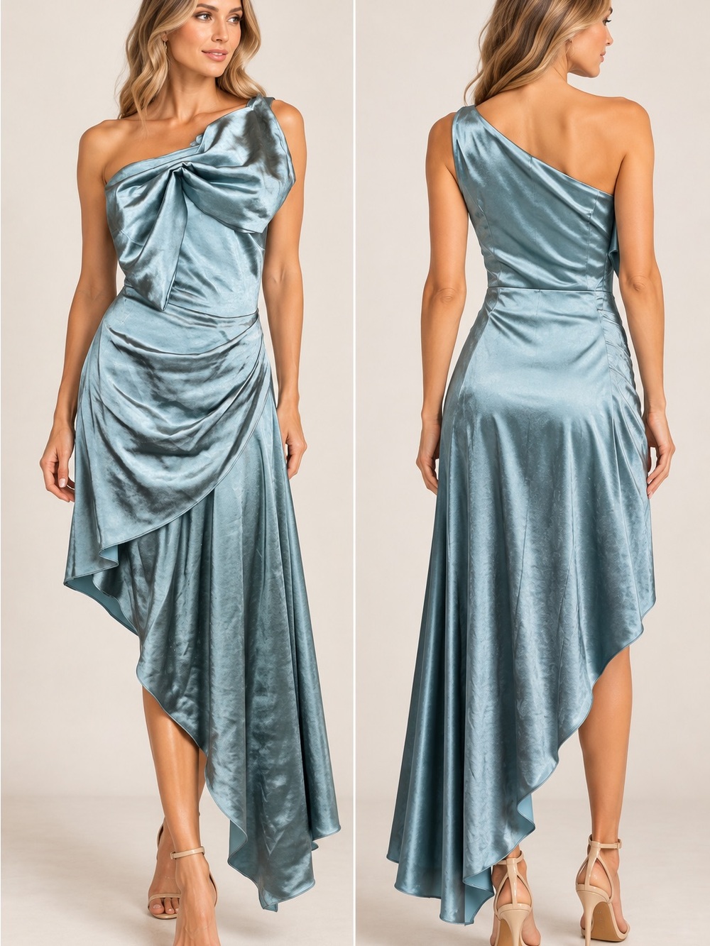 ELLIATT Blue Satin One Shoulder Bow Asymmetrical Midi Dress Size S